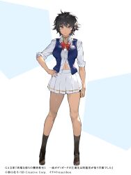  absurdres artist_name black_hair blue_vest breasts brown_socks closed_eyes closed_mouth collarbone collared_shirt female full_body hair_between_eyes hand_on_own_hip highres itan_na_karera_no_kimitsu_kyoshitsu large_breasts loafers long_sleeves looking_at_viewer messy_hair midriff mole mole_under_eye nauribon navel red_ribbon ribbon school_uniform shinshi_ibuki shirt shoes short_hair simple_background skirt sleeves_rolled_up socks solo standing tachi-e tented_shirt thighs tsurime vest 