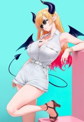 ai-generated bare_shoulders belt belt_buckle black_horns blonde_hair blue_eyes blush breast_pocket breast_tattoo breasts buckle cleavage collared_shirt demon_girl demon_horns demon_tail demon_wings female fingernails high_heel_sandals high_heels highres hololive horn_ornament horn_ring horns large_breasts long_hair looking_at_viewer multicolored_hair nail_polish navelrennat pink_nails pocket pointy_ears sandals shirt shorts single_sidelock skirt sleeveless sleeveless_shirt smile solo sunglasses swept_bangs tail tattoo virtual_youtuber white_belt white_shirt white_shorts winged_heart winged_heart_tattoo wings yuzuki_choco 