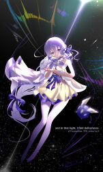  absurdres arcaea bare_shoulders bow braid charon_(arcaea) collar dress english_text female full_body hair_between_eyes hair_ornament highres jacket lagrange_(arcaea) long_hair monocle pantyhose purple_bow purple_eyes purple_hair purple_pantyhose sidelocks single_braid solo star_(sky) trypan_blue twintails white_jacket yellow_dress 