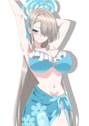  absurdres asuna_(blue_archive) bikini blonde_hair blue_archive blue_bikini blue_eyes blue_halo blue_sarong blush breasts cleavage female floral_print frilled_bikini frills grin groin hair_over_one_eye hair_ribbon halo hazaky highres large_breasts long_hair looking_at_viewer navel ribbon sarong smile solo swimsuit thighs very_long_hair 