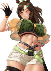  absurdres animal_ears arm_up belt bikini black_gloves bracelet breasts brown_hair commentary cowboy_shot cropped_jacket diagonal_bangs ear_ornament ear_piercing female fingerless_gloves freckles gloves green_belt green_bikini green_eyes green_nails grin hair_ornament hair_ribbon hairclip hand_on_own_hip highres horse_ears horse_girl horse_tail ines_fujin_(umamusume) jacket jewelry large_breasts looking_at_viewer midriff multi-strapped_bikini_bottom multicolored_nails navel official_alternate_costume official_alternate_hairstyle one_eye_closed open_clothes open_jacket parted_bangs piercing pink_nails ponytail ribbon short_shorts shorts sidelocks simple_background smile solo standing stmoon swimsuit symbol-only_commentary tail teeth umamusume white_background white_shorts yellow_jacket zipper 