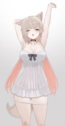  ;o animal_ear_fluff animal_ears bandaid bandaid_on_leg black_choker breasts choker cleavage colored_inner_hair cowboy_shot female fox_ears fox_girl fox_tail highres large_breasts mayu_shirasaki multicolored_hair one_eye_closed original panties panty_pull pink_hair red_eyes red_hair simple_background solo sorotu tail underwear white_panties 