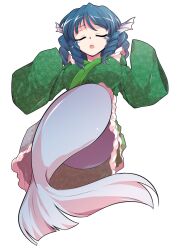  alphes_(style) blue_hair breasts closed_eyes commentary_request crying dairi drill_hair female fins frilled_kimono frills full_body green_kimono hands_up head_fins japanese_clothes kimono large_breasts large_variant_set mermaid monster_girl open_mouth parody solo style_parody tears touhou transparent_background variant_set wakasagihime wide_sleeves 