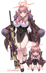  akikaze_tsumuji aru_(blue_archive) black_skirt blue_archive breasts brown_coat brown_horns chibi coat coat_on_shoulders demon_horns female fur-trimmed_coat fur_trim gloves gun h&amp;k_psg1 halo highres horns huge_breasts long_hair long_sleeves low_horns orange_halo pink_hair rifle shirt skirt smile sniper_rifle weapon white_gloves white_shirt yellow_eyes 