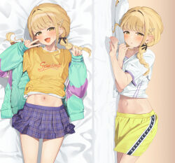  :d bed_sheet blonde_hair blue_jacket blue_skirt blush braid brown_eyes clothes_lift commentary_request dakimakura_(medium) female fujita_kotone gakuen_idolmaster hair_intakes hair_ornament hair_over_shoulder hairclip half-closed_eyes highres idolmaster jacket long_hair long_sleeves low_twintails lying midriff midriff_peek navel oerba_yun_fang on_side open_clothes open_jacket parted_lips partner_(kprtnr) pillow plaid_clothes plaid_skirt pleated_skirt puffy_long_sleeves puffy_sleeves shirt shirt_lift short_sleeves shorts skirt sleeves_past_wrists smile twin_braids twintails v white_shirt yellow_shirt yellow_shorts 
