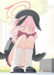  absurdres black_wings blue_archive feathered_wings female halo hat head_wings highres koharu_(blue_archive) low_wings panties pink_eyes pink_hair skirt socks solo tenroy twintails underwear wings 