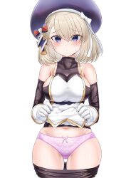  absurdres azur_lane beret bike_shorts bike_shorts_pull blonde_hair bow bow_panties breasts clothes_lift clothes_pull cowboy_shot cross detached_sleeves eesuke_(shin1athke) female gloves hat highres iron_cross lifting_own_clothes looking_at_viewer medium_hair navel panties pelvic_curtain pelvic_curtain_lift picot_trim_panties print_panties shorts shorts_pull simple_background solo striped_bow thigh_gap underwear white_background white_gloves z23_(azur_lane) 