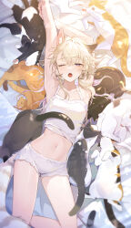  absurdres animal animal_ear_fluff animal_ears animal_hands armpits arms_up black_cat blonde_hair blush breasts cat_day cat_ears cat_girl cat_tail feline female highres looking_at_viewer lying medium_breasts myrpo navel oerba_yun_fang open_mouth orange_cat original pawpads short_hair short_shorts shorts sleepy sleeveless tail thighs too_many too_many_cats 