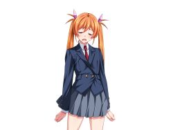 blazer blue_jacket blush buttons clenched_hands closed_eyes cowboy_shot female game_cg gentle_sasaki grey_skirt hair_ribbon jacket large_variant_set long_hair long_sleeves necktie non-web_source official_art open_mouth orange_hair pink_ribbon pleated_skirt red_necktie ribbon school_uniform shindou_hikari shirt skirt solo soukou_senki_prism_reica soukou_senki_prism_shine standing transparent_background twintails variant_set 