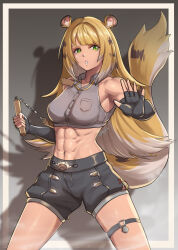  abs absurdres aged_up animal_ears arm_up armpits bare_shoulders black_hair black_shorts blonde_hair breast_pocket breasts buttons collared_shirt cropped_shirt elbow_gloves female fighting_stance fingerless_gloves fluffydus gloves green_eyes grey_shirt highres holding holding_nunchaku holding_weapon jewelry ju_fufu legs_apart long_hair long_tail looking_at_viewer medium_breasts midriff multicolored_hair navel nunchaku parted_lips pendant pocket shirt shorts sleeveless sleeveless_shirt solo standing stomach tail taut_clothes taut_shirt tiger_ears tiger_girl tiger_tail toned toned_female very_long_hair weapon white_hair wing_collar zenless_zone_zero 