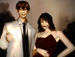  1boy aiming aiming_at_viewer black_hair black_necktie black_vest breasts cleavage coat collared_shirt double-parted_bangs dress female finger_gun grin hair_between_eyes han_sooyoung hand_in_pocket hand_on_own_hip hand_on_own_stomach kim_dokja leukocoria looking_at_viewer macaronijail medium_hair necktie omniscient_reader&#039;s_viewpoint red_dress shirt short_hair smile suit upper_body vest white_coat white_shirt white_suit 