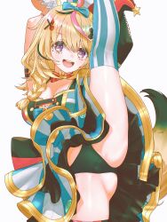  :d absurdres ahoge animal_ear_fluff animal_ears anversailles arm_strap armpits arms_up ass asymmetrical_legwear black_hair black_panties blonde_hair blue_bow blue_skirt blue_thighhighs bow bowtie braid breasts cleavage commentary commission double-parted_bangs facial_mark female fox_ears fox_girl fox_tail hair_between_eyes hair_ornament hair_over_shoulder hairbow hairclip hat heart heart-shaped_pupils highres holding_own_leg hololive jester_cap layered_skirt leg_lift long_hair looking_at_viewer mark_under_eye miniskirt mismatched_legwear multicolored_hair omaru_polka omaru_polka_(1st_costume) open_mouth panties pink_hair pink_thighhighs purple_eyes red_bow red_bowtie shirt side_braid simple_background single_braid skirt sleeveless sleeveless_shirt smile solo split standing standing_on_one_leg standing_split streaked_hair striped_clothes striped_skirt striped_thighhighs symbol-only_commentary symbol-shaped_pupils tail teeth thighhighs tilted_headwear traditional_bowtie underwear upper_teeth_only variant_set vertical-striped_clothes vertical-striped_skirt vertical-striped_thighhighs virtual_youtuber white_background x_hair_ornament 