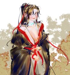  absurdres black_hair black_hanfu blush breasts brown_eyes brown_hair chinese_clothes cleavage closed_mouth collarbone eyelashes female genderswap_(mtf) hair_ribbon hanfu highres holding holding_ribbon korean_commentary long_hair long_sleeves looking_at_viewer medium_breasts modao_zushi neck_ribbon niken_(niken_ouo) outdoors plant ponytail red_ribbon ribbon robe rule_63 sash sidelocks smile solo standing upper_body wei_wuxian white_ribbon wide_sleeves 
