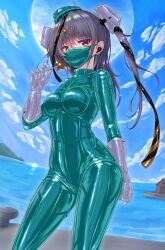  alternate_costume aqua_bodysuit aqua_hat black_ribbon blue_sky bodysuit breasts candy day female food garrison_cap gloves grey_hair hair_ornament hat headgear highres holding holding_candy holding_food kantai_collection latex latex_bodysuit lollipop long_hair mask medium_breasts mouth_mask ocean outdoors red_eyes ribbon riretsuto scamp_(kancolle) shiny_clothes skin_tight sky solo standing star_(symbol) star_hair_ornament very_long_hair white_gloves 