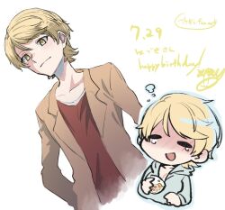  bad_link blonde_hair blush brown_jacket chibi deformed drunk female highres hood hoodie ikemen_joshi_to_josou_danshi jacket mirumiru red_shirt reverse_trap rindou_hazuki shirt short_hair smile smirk tears yellow_eyes 