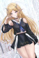  alternate_costume black_choker black_shirt black_skirt blonde_hair blue_eyes blue_neckerchief breasts cartethyia_(wuthering_waves) choker closed_mouth clothing_cutout commentary_request dutch_angle earrings female hair_ornament hand_up highres jewelry light_blush long_hair long_sleeves looking_at_viewer neckerchief outdoors parted_bangs pointy_ears sailor_collar shirt shoulder_cutout sidelocks skirt small_breasts solo sunameri_(pixiv3564245) tacet_mark_(wuthering_waves) thighs white_sailor_collar wuthering_waves 