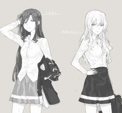  2girls absurdres arm_at_side arm_up closed_mouth collarbone collared_shirt commentary cowboy_shot epaulettes grey_background greyscale hand_in_own_hair hand_on_own_hip highres holding holding_jacket holding_towel holding_unworn_clothes jacket lamey20555281 long_hair looking_to_the_side miniskirt monochrome multiple_girls pleated_skirt saijou_claudine shirt shoujo_kageki_revue_starlight simple_background skirt tendou_maya towel translated unworn_jacket water_drop wavy_hair wet wet_clothes wet_hair 