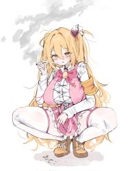  a73398190 alternate_breast_size blonde_hair bow bowtie breasts brown_shoes cigarette don_quixote_(project_moon) e.g.o_(project_moon) female highres holding holding_cigarette in_the_name_of_love_and_hate_(e.g.o) large_breasts limbus_company lobotomy_corporation_(identity)_(project_moon) long_hair long_sleeves official_alternate_hair_length official_alternate_hairstyle open_mouth pink_bow pink_bowtie pink_skirt project_moon shirt shoes skirt smoke smoking solo squatting thick_thighs thighs two_side_up very_long_hair white_shirt yellow_eyes 