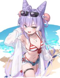  :3 ahoge arm_up armpits bare_shoulders bikini black_choker blue_eyes blue_shorts breasts choker cone_hair_bun cutoffs denim denim_shorts exposed_pocket eyewear_on_head female front-tie_bikini_top front-tie_top hair_bun hair_rings halterneck hashtag-only_commentary heterochromia highres holding holding_hose hose ika_(4801055) jewelry long_hair long_sleeves looking_at_viewer micro_shorts navel necklace oerba_yun_fang off_shoulder open_clothes open_fly open_mouth open_shirt purple_hair red_bikini shirt short_shorts shorts skindentation small_breasts smile solo stellive stomach string_bikini striped_bikini striped_clothes sunglasses swimsuit tenko_shibuki thigh_strap v-shaped_eyebrows very_long_hair virtual_youtuber white_shirt yellow_eyes 