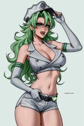  bleach bleach:_sennen_kessen-hen breasts candice_catnipp commentary cowboy_shot crop_top elbow_gloves female fingerless_gloves gloves green_eyes green_hair grey_background hand_on_headwear hat highres large_breasts licking_lips long_hair military_hat navel open_mouth patreon_username prixmal short_shorts shorts simple_background solo sternritter stomach thighs tongue tongue_out white_gloves white_shorts 
