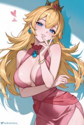  arm_under_breasts bangle bare_shoulders blonde_hair blue_eyes blue_gemstone blush bracelet breasts cleavage collarbone commentary crown double-parted_bangs dress earrings english_commentary female fingernails gem hair_between_eyes hand_up head_tilt heart helloimtea highres jewelry large_breasts long_hair looking_at_viewer mario_(series) paid_reward_available parted_lips pink_dress princess_peach red_gemstone ring shadow solo sphere_earrings twitter_logo twitter_username 