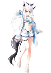  absurdres ahoge animal_ear_fluff animal_ears ayana_haku bikini black_bow blue_bikini blue_eyes blush bow braid breasts commentary earrings extra_ears female fox_ears fox_girl fox_shadow_puppet fox_tail frilled_bikini_top hair_between_eyes hairbow highres hololive jacket jacket_over_swimsuit jewelry layered_bikini leg_up long_hair looking_at_viewer medium_breasts navel pentagram ponytail sandals shirakami_fubuki shorts sidelocks simple_background single_braid smile solo swimsuit tail thigh_strap virtual_youtuber white_background white_hair white_jacket white_sandals white_shorts 