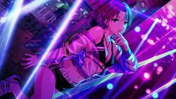  asakura_toru bare_back black_nails earrings female highres idolmaster idolmaster_shiny_colors jewelry navel nightclub official_art open_mouth see-through_clothes short_hair standing swimsuit 