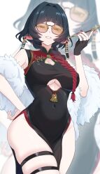  alternate_costume animal_ears black_dress china_dress chinese_clothes cosplay cutout_above_navel dress female highres jane_doe_(zenless_zone_zero) mouse_ears ruaruayana sleeveless sleeveless_dress solo sweety_(zenless_zone_zero) sweety_(zenless_zone_zero)_(cosplay) thighs tinted_eyewear yellow-tinted_eyewear zenless_zone_zero 