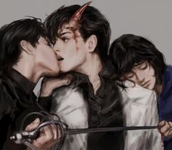  2boys black_coat black_eyes black_hair black_shirt blood blood_from_forehead blood_on_face blue_hoodie closed_eyes clothing_request coat collared_shirt demon_horns female han_sooyoung highres hood hood_down hoodie horns kim_dokja leaning_on_person looking_at_another macaronijail multiple_boys omniscient_reader&#039;s_viewpoint open_mouth popped_collar shirt short_hair teeth upper_teeth_only white_coat yaoi yoo_joonghyuk 