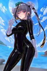  alternate_costume aqua_hat black_bodysuit black_ribbon blue_sky bodysuit breasts candy day female food garrison_cap gloves grey_hair hair_ornament hat headgear highres holding holding_candy holding_food kantai_collection latex latex_bodysuit lollipop long_hair medium_breasts ocean outdoors red_eyes ribbon riretsuto scamp_(kancolle) shiny_clothes skin_tight sky solo standing star_(symbol) star_hair_ornament very_long_hair white_gloves 
