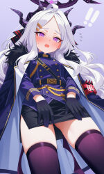  ! !! absurdres armband black_skirt blue_archive blue_coat blue_jacket blush breasts coat coat_on_shoulders demon_girl demon_horns demon_wings female flying_sweatdrops hair_ornament hairclip halo highres hina_(blue_archive) horns jacket karaage_(xxxmido02) long_hair looking_at_viewer open_mouth parallel_hairclips parted_bangs pencil_skirt purple_eyes purple_halo purple_horns purple_thighhighs purple_wings red_armband skindentation skirt small_breasts solo thighhighs very_long_hair white_hair wings 