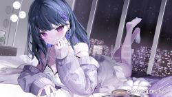  blush braid camisole cardigan closed_mouth commentary_request copyright_notice earrings female full_body indoors jewelry koshimizu_toru long_sleeves looking_at_viewer lying mole mole_under_eye multicolored_hair night nijisanji off_shoulder on_bed on_stomach onodera_nire open_cardigan open_clothes purple_cardigan purple_eyes short_hair sleeves_past_wrists solo triangle_earrings virtual_youtuber white_camisole 