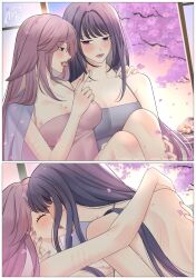  2girls absurdres arms_around_neck blush breasts chocko_poc cleavage closed_eyes closed_mouth commentary falling_petals genshin_impact hand_on_another&#039;s_neck hand_on_another&#039;s_shoulder hickey highres kissing large_breasts long_hair mouth_hold multiple_girls petals pink_hair purple_eyes purple_hair purple_nails raiden_shogun scratches shouji sitting sliding_doors smile symbol-only_commentary tree yae_miko yuri 