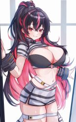  absurdres bikini bikini_top_only black_hair breasts chains cleavage collar colored_inner_hair commentary_request commission cowboy_shot cuffs double-parted_bangs female goddess_of_victory:_nikke hand_up handcuffs high_ponytail highres kunimoto_rikuya large_breasts long_hair looking_at_viewer midriff multicolored_hair navel o-ring o-ring_top partial_commentary pixiv_commission ponytail prison_cell prison_clothes quency_(nikke) red_eyes red_hair short_sleeves shorts shrug_(clothing) smile solo strap strapless streaked_hair swimsuit thigh_strap turtleneck very_long_hair 