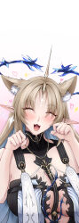  absurdres animal_ear_fluff animal_ears black_collar blonde_hair blue_hair blush breasts cat_ears closed_eyes collar colored_inner_hair commentary crown_of_thorns ear_blush earrings facing_viewer female fleurdelys_(wuthering_waves) floating_earrings gradient_background hands_up highres horns huge_breasts jewelry kemonomimi_mode long_hair long_horns multicolored_hair necklace open_mouth out_of_character parted_bangs paw_pose pink_background pointy_ears sidelocks single_horn solo tacet_mark_(wuthering_waves) upper_body west_(user_frmf8438) white_background wuthering_waves yellow_horns 