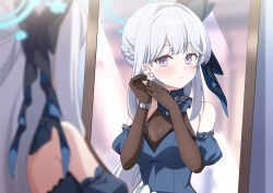  black_gloves blue_archive blue_dress blue_halo breasts detached_sleeves dress earrings eko elbow_gloves female gloves grey_hair halo jewelry long_hair medium_breasts mirror miyako_(blue_archive) puffy_short_sleeves puffy_sleeves purple_eyes reflection short_sleeves 