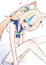  absurdres animal_ear_fluff animal_ears bare_arms bare_legs bare_shoulders blonde_hair blue_eyes blue_hair blush commentary feet_out_of_frame female heart high_(hgih) highres indie_virtual_youtuber long_hair multicolored_hair open_mouth sailor_collar sameko_saba simple_background sitting sleeveless solo streaked_hair two-tone_hair very_long_hair virtual_youtuber white_background 