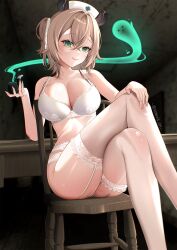  absurdres animal_ears ass bra breasts brown_hair chair cleavage collarbone commentary crossed_bangs crossed_legs female fine_fabric_emphasis fingernails garter_belt garter_straps green_eyes hair_between_eyes hat highres holding holding_smoking_pipe indie_virtual_youtuber lace lace-trimmed_bra lace-trimmed_thighhighs lace_garter_belt lace_panties lace_trim large_breasts light_smile lingerie lips looking_at_viewer medium_hair naplings_(nimi_nightmare) nimi_nightmare nurse_cap on_chair one_side_up panties sitting smoking_pipe solevisionarts solo strap_gap tapir_ears tapir_girl thighhighs underwear underwear_only virtual_youtuber white_bra white_garter_belt white_garter_straps white_panties white_thighhighs wooden_chair 