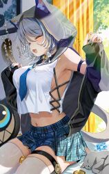 ^_^ animal animal_ears black_jacket blue_necktie blue_skirt breasts cat_ears cat_girl cat_tail cipher_(honkai:_star_rail) closed_eyes commentary_request curtains feline female grey_hair highres honkai:_star_rail honkai_(series) hood indoors jacket kabu_usagi large_breasts navel necktie open_mouth plaid_clothes plaid_skirt shirt sitting skirt solo tail thigh_strap translation_request white_shirt window zettai_ryouiki 