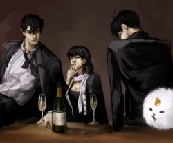  1other 2boys against_table alcohol biyoo_(omniscient_reader&#039;s_viewpoint) black_coat black_hair black_necktie black_tube_top bottle breasts cigarette cleavage coat collared_shirt cup demon_horns dokkaebi drinking_glass female han_sooyoung holding holding_cigarette horns kim_dokja leaning_on_self leaning_on_table macaronijail medium_hair multiple_boys necktie omniscient_reader&#039;s_viewpoint on_table open_clothes open_coat popped_collar scarf shirt short_hair smoking strapless striped_clothes striped_shirt table tube_top vertical-striped_clothes vertical-striped_shirt white_scarf white_shirt wine_bottle wine_glass yoo_joonghyuk 
