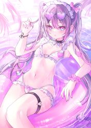  ball beachball bikini black_choker blush bow bracelet breasts choker eyewear_on_head female hair_ornament hairbow hashtag-only_commentary headdress heart heart-shaped_eyewear highres hololive innertube jewelry long_hair looking_at_viewer multicolored_hair navel pink_hair purple-tinted_eyewear purple_bikini purple_eyes purple_hair ririge small_breasts solo stomach sunglasses swim_ring swimsuit thighlet tinted_eyewear tokoyami_towa twintails virtual_youtuber water 