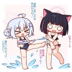  &gt;_&lt; 2girls :d ahoge animal_ears barefoot bikini black_bikini black_hair blue_archive blue_hair blue_one-piece_swimsuit blush cat_ears cat_girl chibi chibi_only closed_eyes colored_inner_hair commentary_request full_body hair_bun hair_ornament halo hana_kazari heart highres holding holding_water_gun kazusa_(blue_archive) multicolored_hair multiple_girls o_o one-piece_swimsuit open_mouth outstretched_leg pink_hair pink_halo reisa_(blue_archive) short_hair side-tie_bikini_bottom smile standing star_(symbol) star_hair_ornament swimsuit translation_request water water_gun wavy_mouth xd 