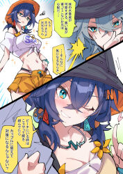  1boy belle_(summer_skies)_(zenless_zone_zero) belle_(zenless_zone_zero) black_hat blue_eyes blue_hair blush breasts brother_and_sister bucket_hat cleavage female grey_hair grin hair_between_eyes hat jewelry medium_breasts navel necklace nodachi_(nodati51) one_eye_closed orange_shorts shirt short_hair shorts siblings smile speech_bubble tied_shirt translated white_shirt wise_(peaceful_waves)_(zenless_zone_zero) wise_(zenless_zone_zero) zenless_zone_zero 