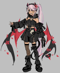  black_boots blush boots breasts chloe_von_einzbern chloe_von_einzbern_(fgo_fes._2025) dark-skinned_female dark_skin demon_horns demon_tail demon_wings fate/grand_order fate_(series) female full_body grin hairband hiroyama_hiroshi horns long_hair looking_at_viewer navel orange_eyes pink_hair sidelocks small_breasts smile solo stomach_tattoo tail tattoo wings 