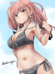  akino_shuu artist_name atlanta_(kancolle) atlanta_(swimsuit)_(kancolle) bikini black_bikini black_eyes breasts cleavage closed_mouth commentary_request earrings female jewelry kantai_collection large_breasts long_hair low_twintails navel pink_hair side-tie_bikini_bottom signature solo star_(symbol) star_earrings swimsuit twintails 