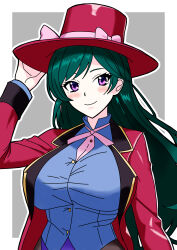  absurdres blue_leotard blush breasts brown_background clip_studio_paint_(medium) commission earrings female formal_clothes francesca_(pokemon) green_hair hat highres jacket jewelry large_breasts leotard long_hair long_sleeves magician pantyhose pokemon pokemon_(anime) pokemon_(creature) pokemon_dppt_(anime) red_jacket smile solo spill_(naru) suit top_hat upper_body white_background 