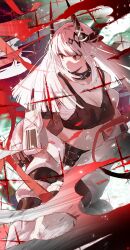  absurdres arknights black_horns black_sports_bra breasts cleavage commentary_request crop_top demon_horns female highres horns infection_monitor_(arknights) jumpsuit large_breasts long_hair material_growth mudrock_(arknights) mudrock_(elite_ii)_(arknights) open_jumpsuit open_mouth oripathy_lesion_(arknights) pointy_ears red_eyes solo songchuan_li sports_bra white_hair white_jumpsuit 