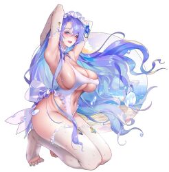  alternate_costume armpits arms_behind_head arms_up blue_eyes blue_flower blush breasts cantarella_(wuthering_waves) center_opening commentary english_commentary facial_mark feet female flower hair_flower hair_ornament headdress large_breasts long_hair looking_at_viewer mark_under_eye navel one-piece_swimsuit open_mouth purple_hair sideboob smile solo stomach swimsuit thighhighs thighs toes underboob very_long_hair white_one-piece_swimsuit white_thighhighs wind wuthering_waves xxinainaxx 