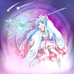  aqua_hair arm_up breasts collarbone dress duel_monster female frilled_anklet hair_ornament holding holding_scepter kirituka_yuuka long_hair looking_at_viewer magic_circle medium_breasts open_mouth pantyhose pink_hair rilliona_(yu-gi-oh!) scepter shoes solo very_long_hair white_dress white_pantyhose witchcrafter_madame_verre yu-gi-oh! 