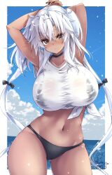  arms_behind_head bikini bikini_under_clothes black_bikini black_bow black_nails bow breasts brown_eyes cloud dark-skinned_female dark_skin eyewear_on_head female glasses hairbow highres kantai_collection large_breasts long_hair mashiro_yukiya musashi_(kancolle) navel ocean shirt sky solo stomach swimsuit wet wet_clothes wet_shirt white_shirt 